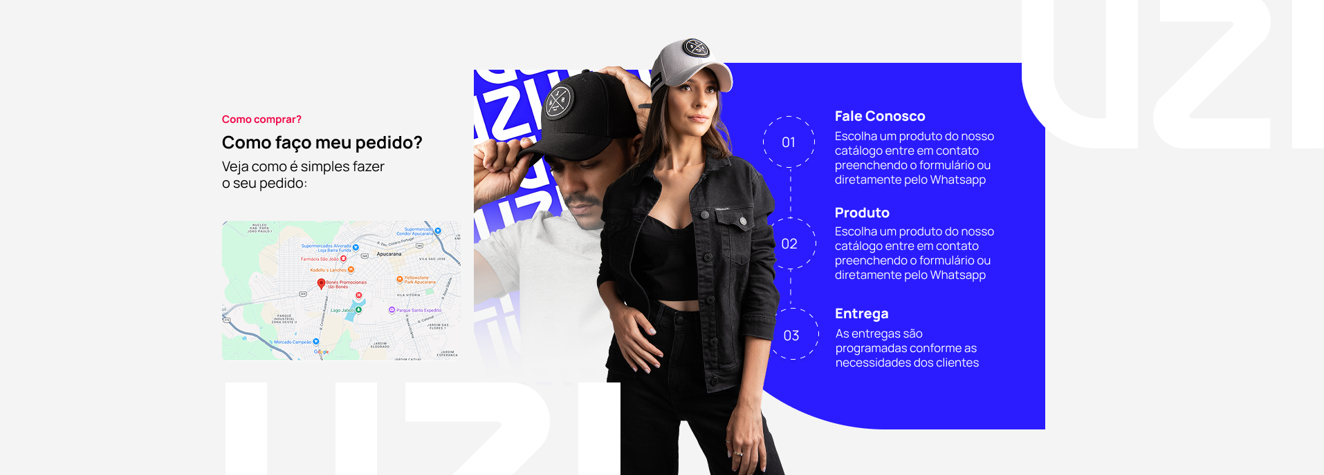 Passo a passo de atendimento comercial com mapa de localização e etapas do pedido